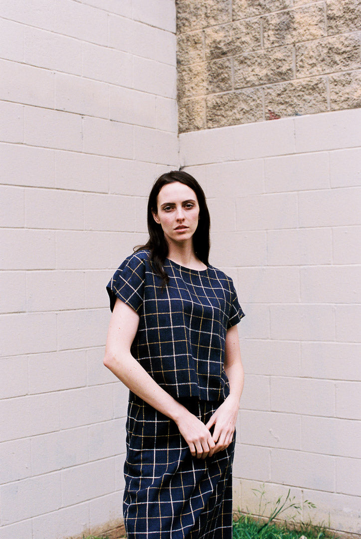 Est. 1970s Navy Geometric Skirt & Blouse Set