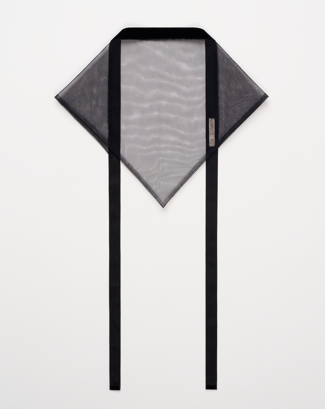 Black and gray scarf with a brand label on a white background