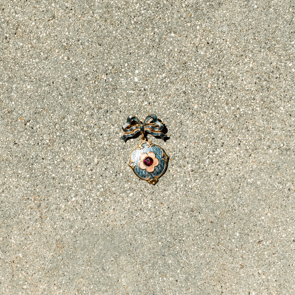 1930s Enamel Dangle Brooch with red stone