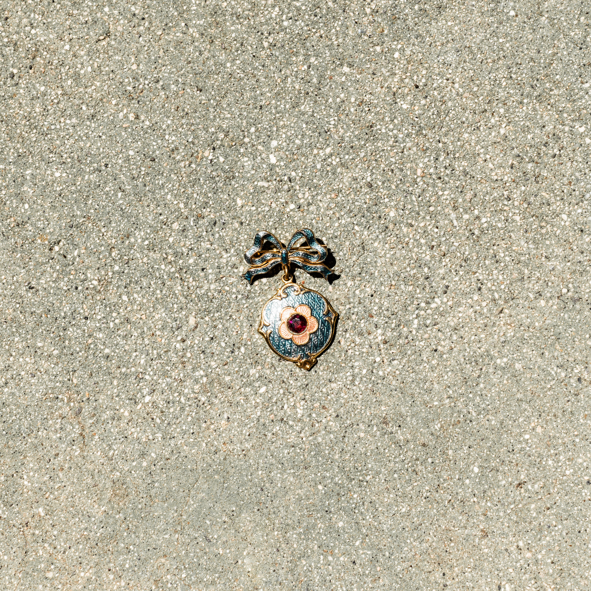 1930s Enamel Dangle Brooch with red stone