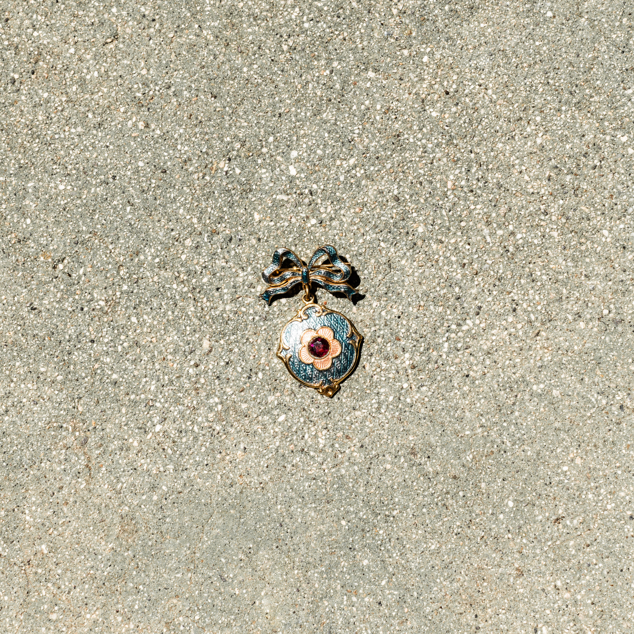 1930s Enamel Dangle Brooch with red stone