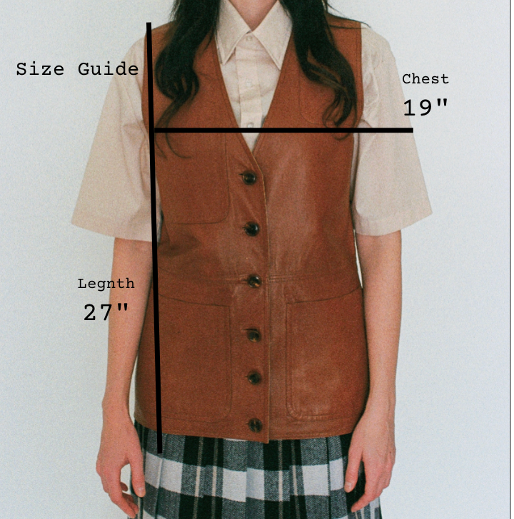 Brown vest worn by a person with measurements labeled on a white background