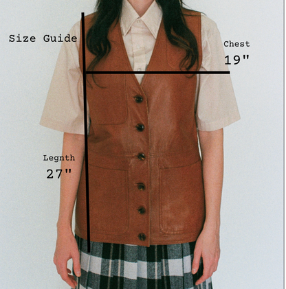 Brown vest worn by a person with measurements labeled on a white background