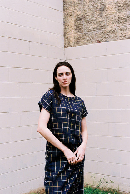 Est. 1970s Navy Geometric Skirt & Blouse Set