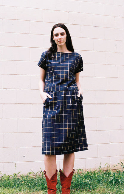 Est. 1970s Navy Geometric Skirt & Blouse Set