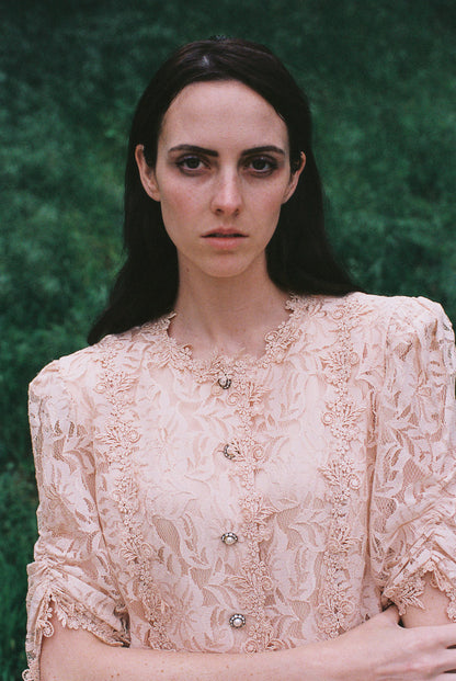 Early 1980s Pale Pink Lace Evening Blouse with Faux Pearl Buttons