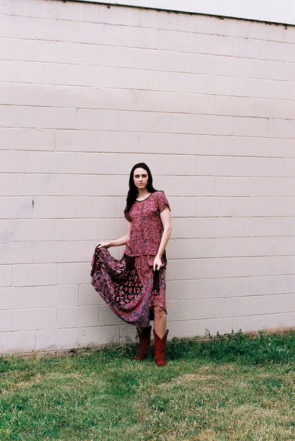 1990s Pink Patchwork Print Floral Skirt & Blouse Set