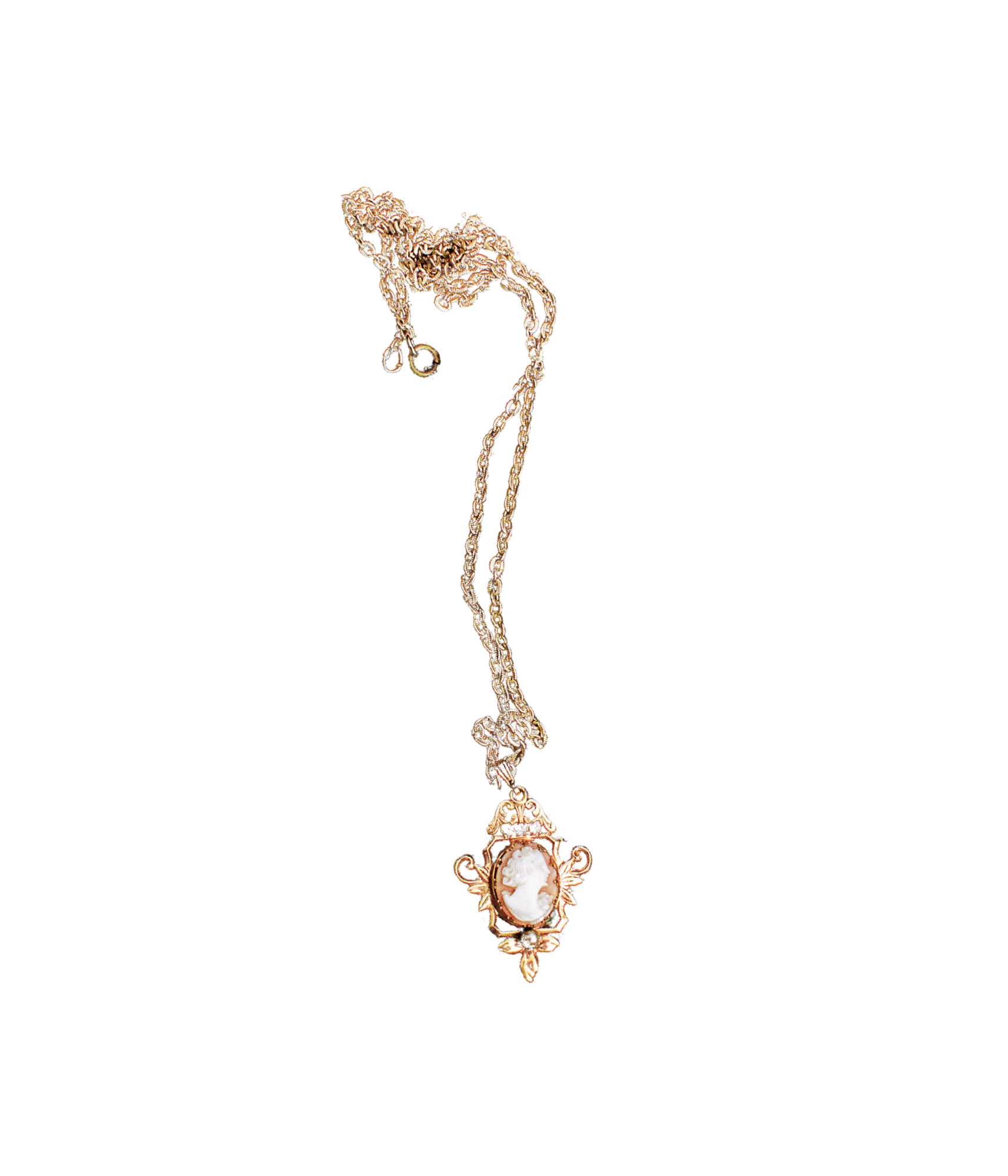 Rose gold necklace with a pendant on a white background