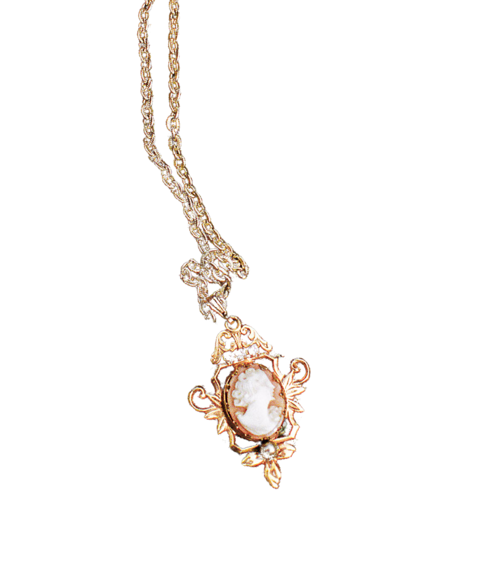 Rose gold necklace with a pendant on a white background
