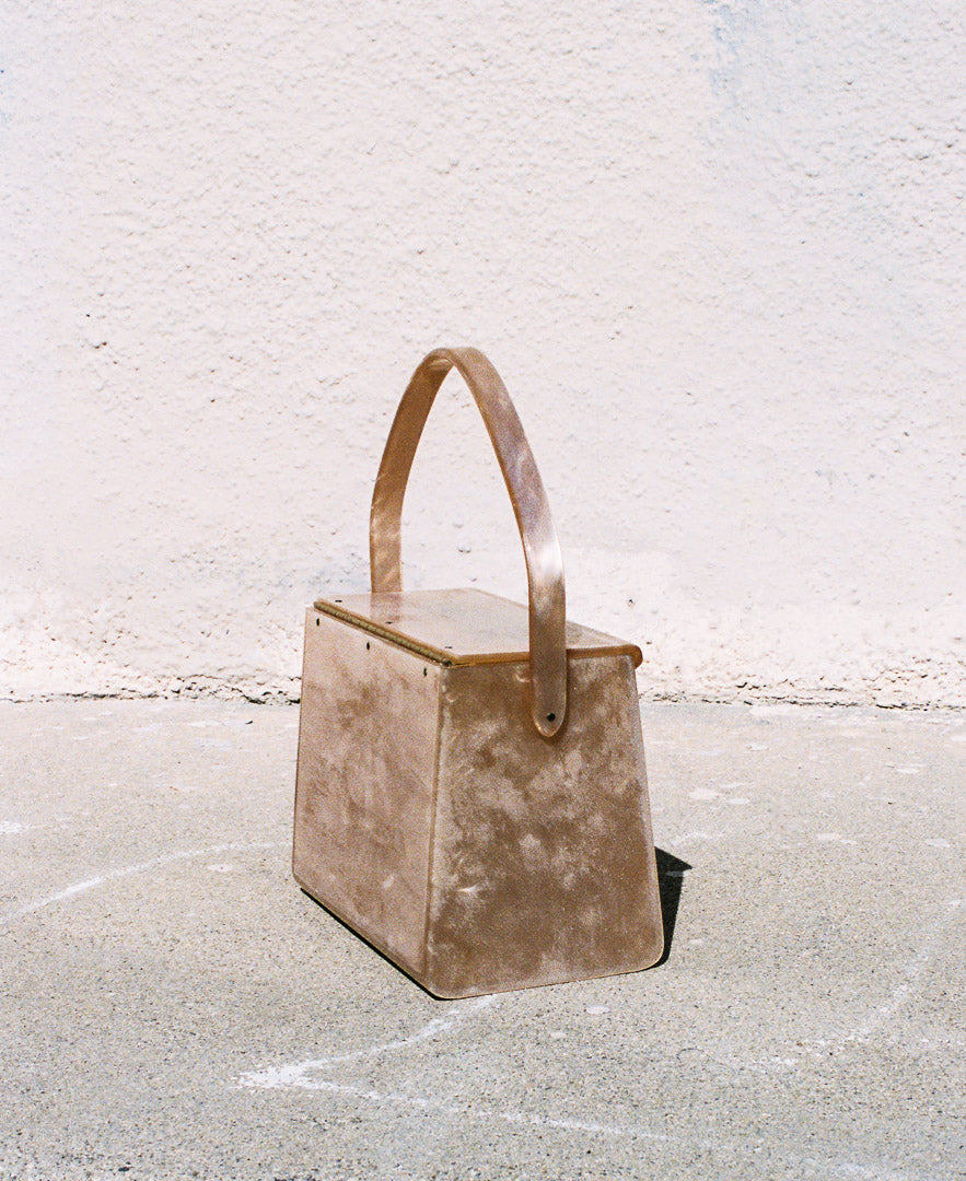 Mid-Century Muted Pink Lucite Handbag with Gold Trim Detailing