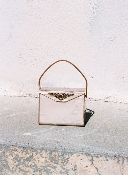 Mid-Century Muted Pink Lucite Handbag with Gold Trim Detailing