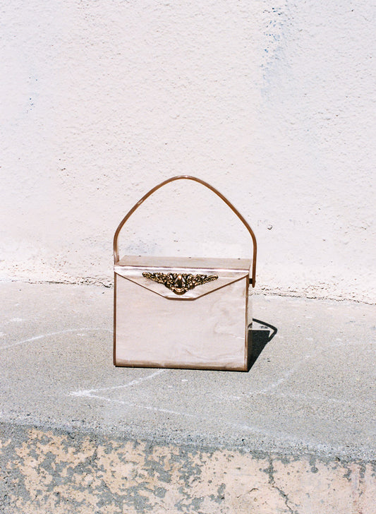 Mid-Century Muted Pink Lucite Handbag with Gold Trim Detailing