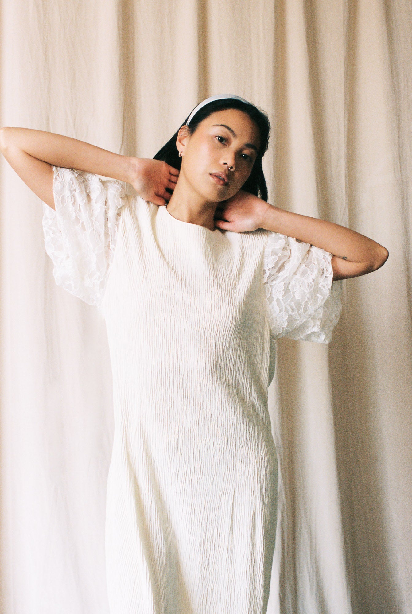 1970s Ivory Lace Puff Sleeve Dress