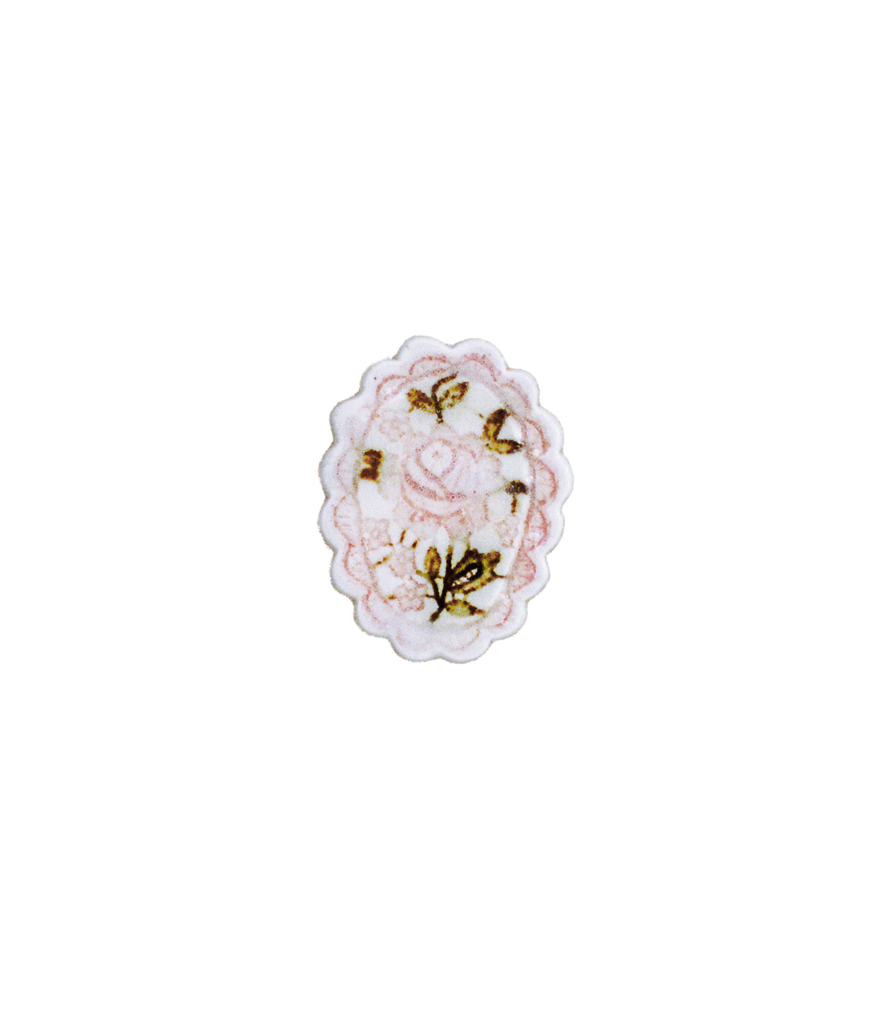 Decorative brooch with pink floral design and gold accents on a white background