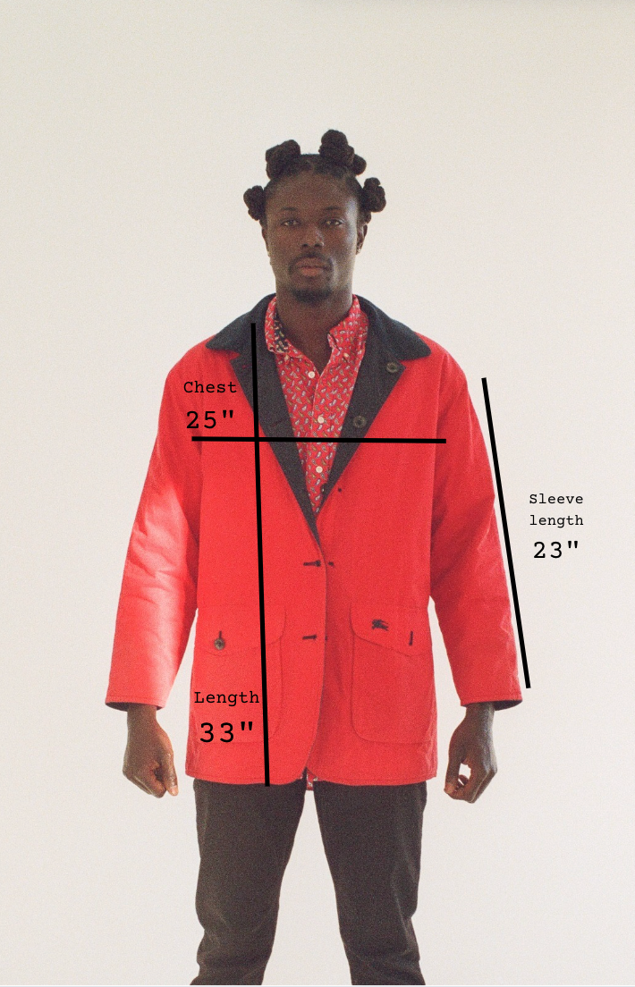Person wearing a red jacket with measurements on a white background