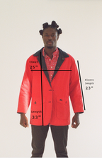 Person wearing a red jacket with measurements on a white background