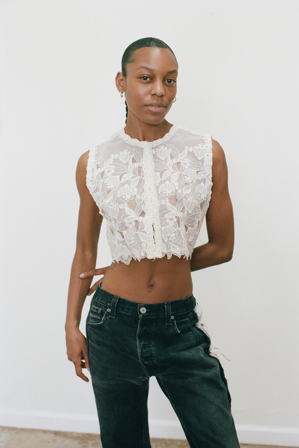 2000s Sheer Sequined and Floral Top