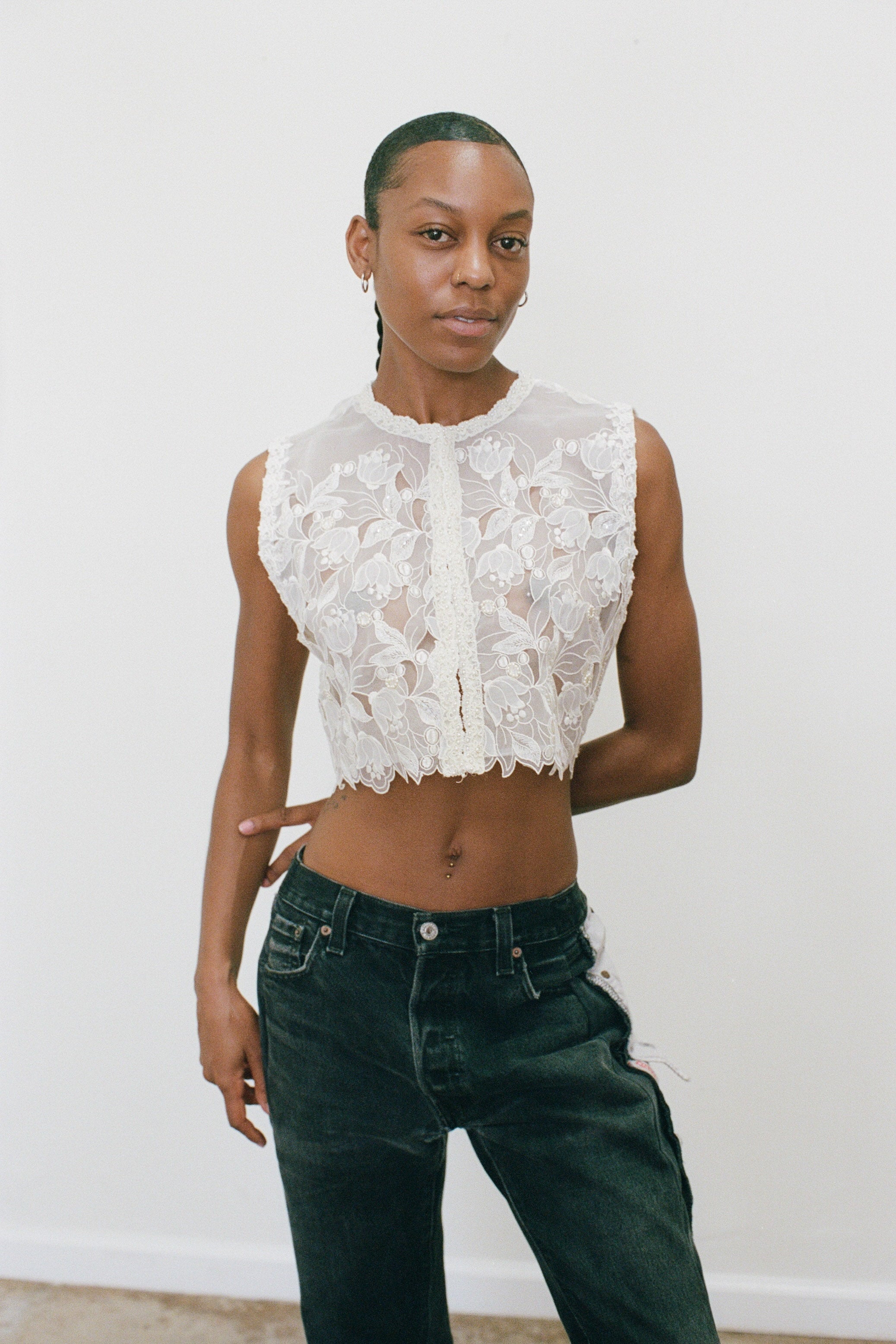2000s Sheer Sequined and Floral Top