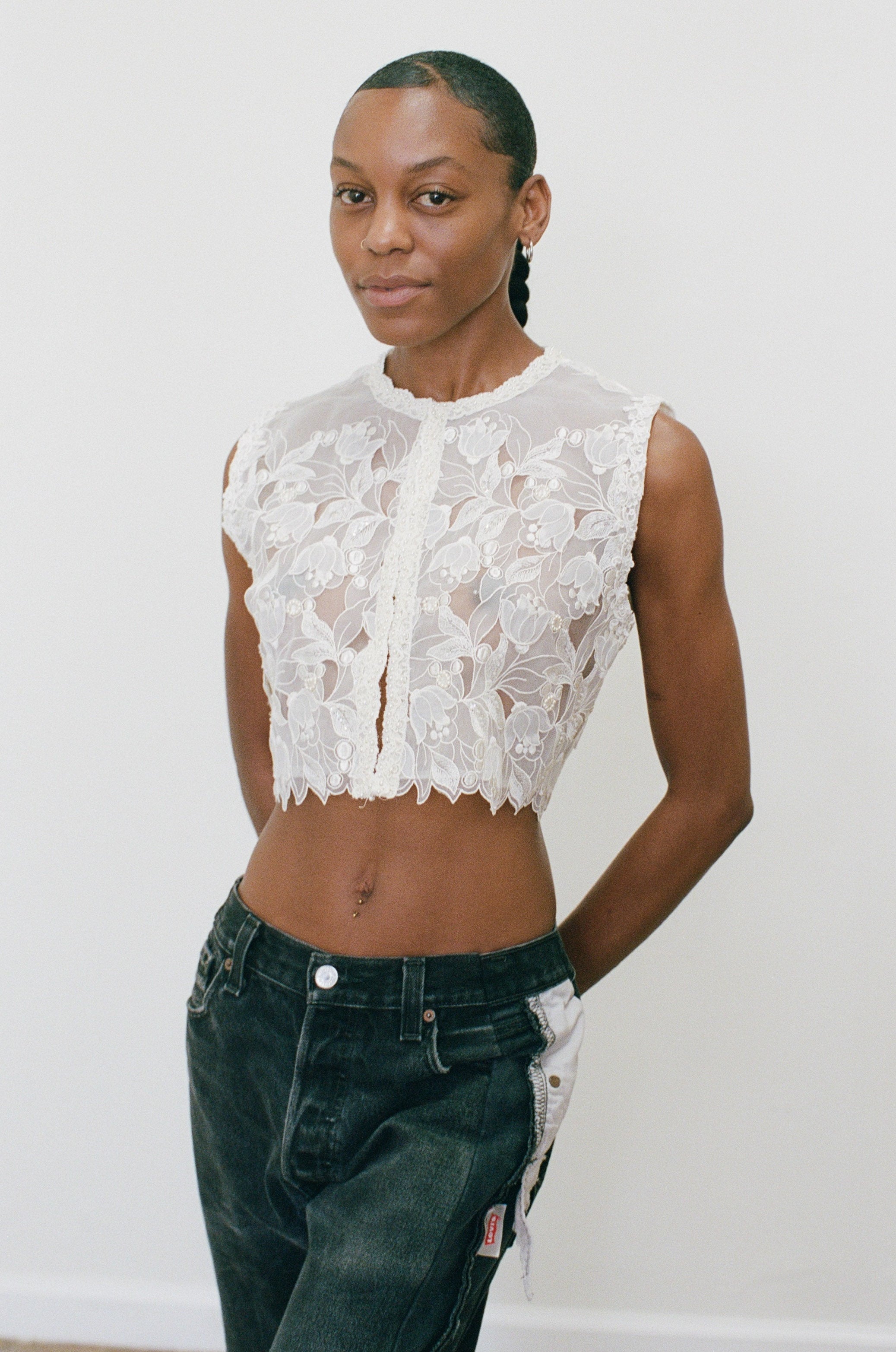 2000s Sheer Sequined and Floral Top