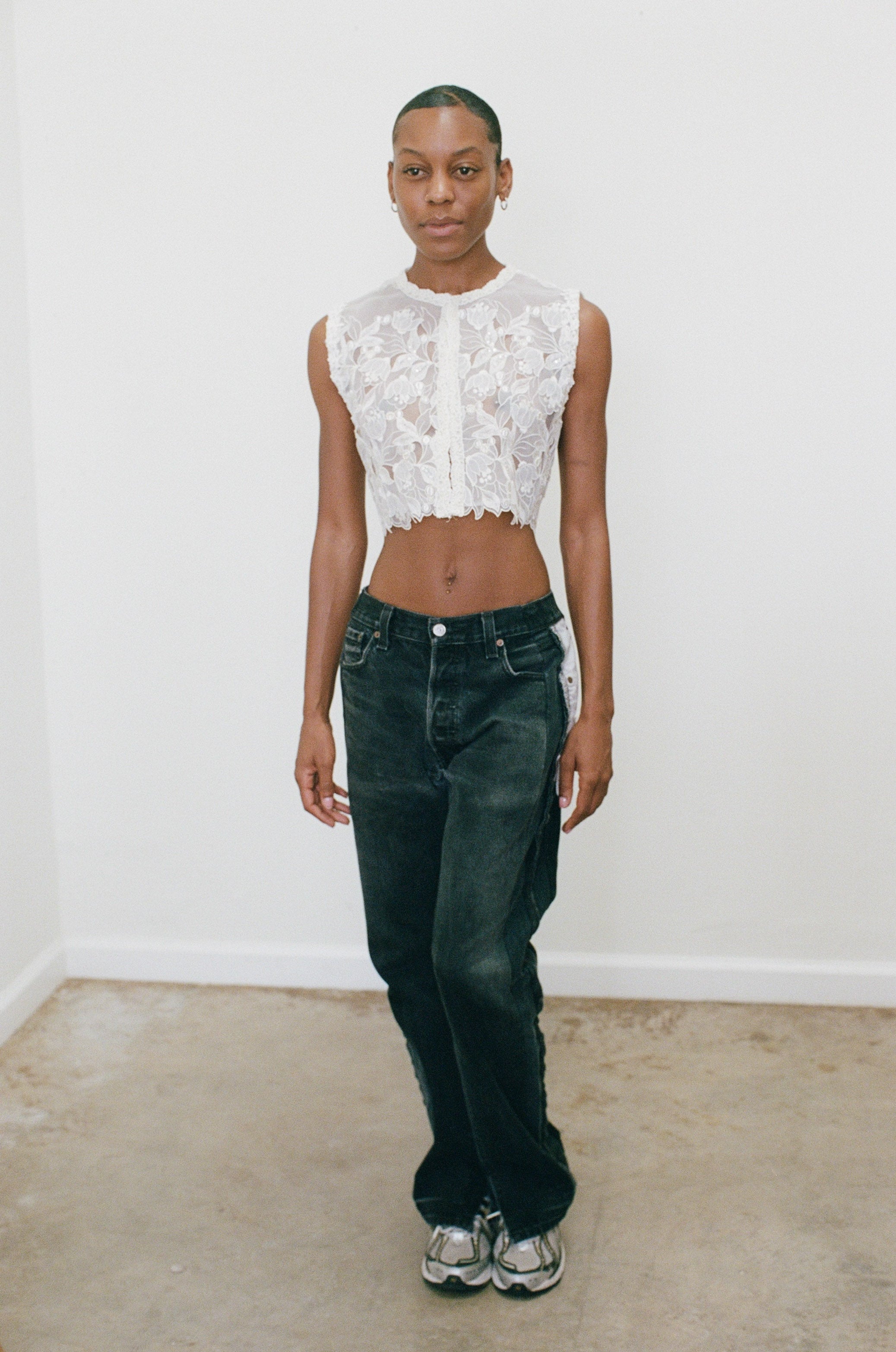 2000s Sheer Sequined and Floral Top