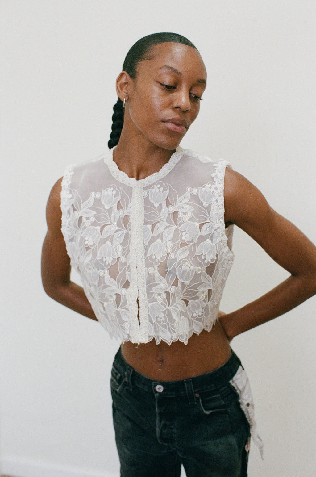 2000s Sheer Sequined and Floral Top