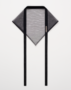 Black and gray scarf with a brand label on a white background