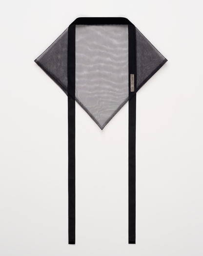 Black and gray scarf with a brand label on a white background